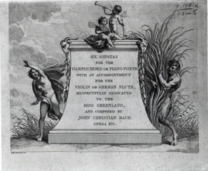 Frontispice voor zes sonates door John Christian Bach, opgedragen aan Miss Greenland, gegraveerd door Francesco Bartolozzi